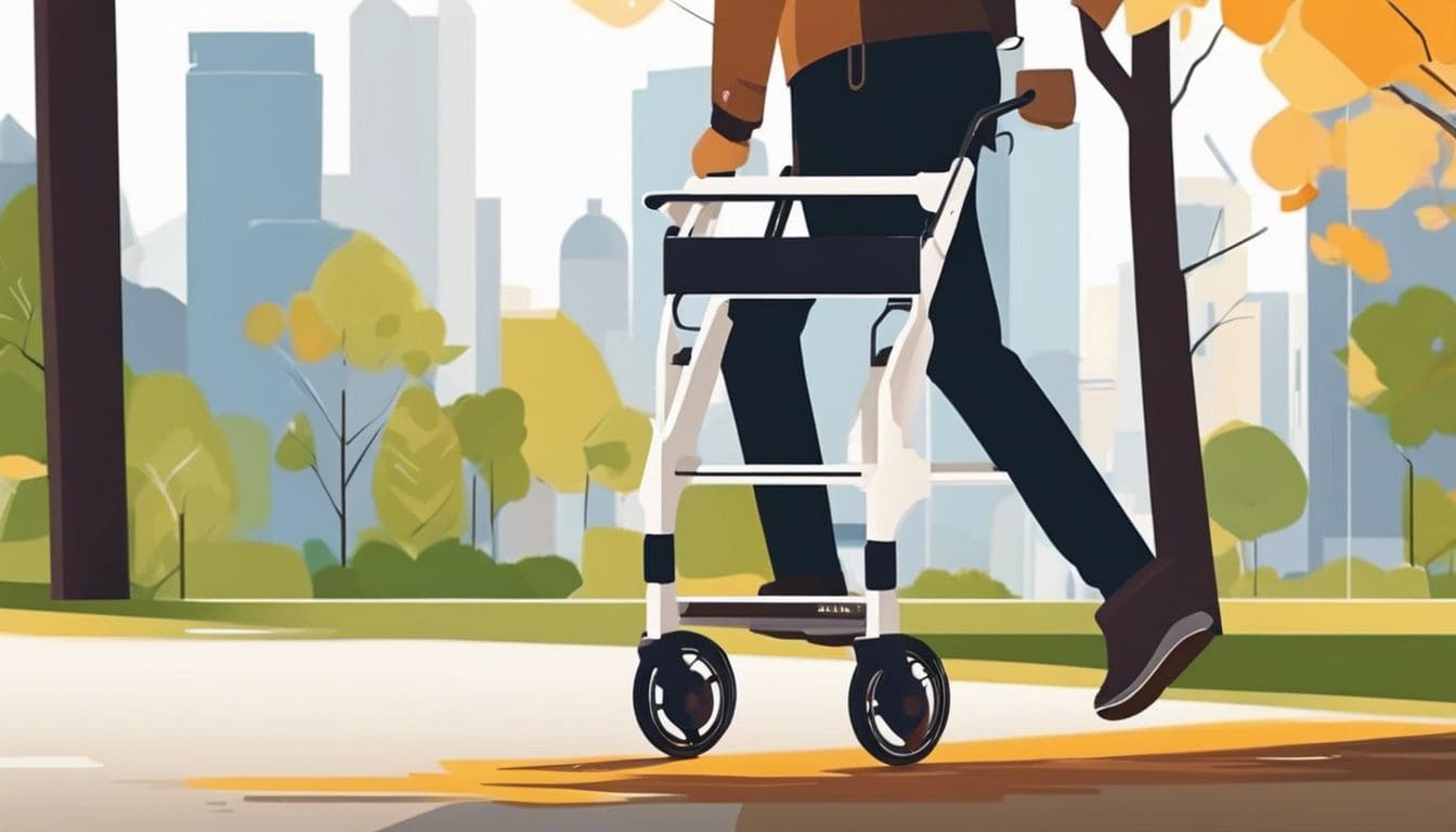 Een persoon gebruikt vol vertrouwen een rollator in een goed verlicht stadspark, waarbij de focus ligt op houding en beweging.