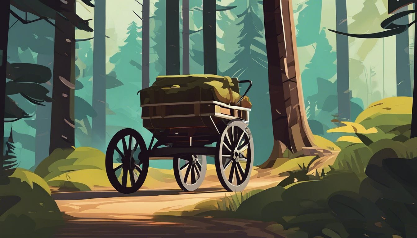 Een sterke wandelaar met een stevige rollator op een bospad, omringd door ruig terrein en indrukwekkende natuur.