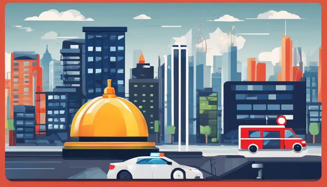 Een plat ontwerp van een noodalarmapparaat met een kaart en nooddiensten op de achtergrond, met een gevoel van urgentie en moderniteit.