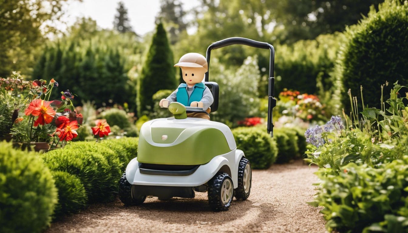 Een wandelaar met buitwielen geniet van een prachtige tuin.