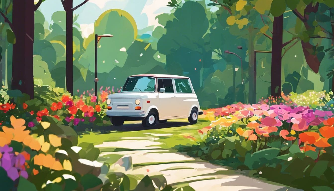 Een goed onderhouden rollator geparkeerd op een schone, goed verlichte pad, omringd door levendige bloemen en weelderig groen.