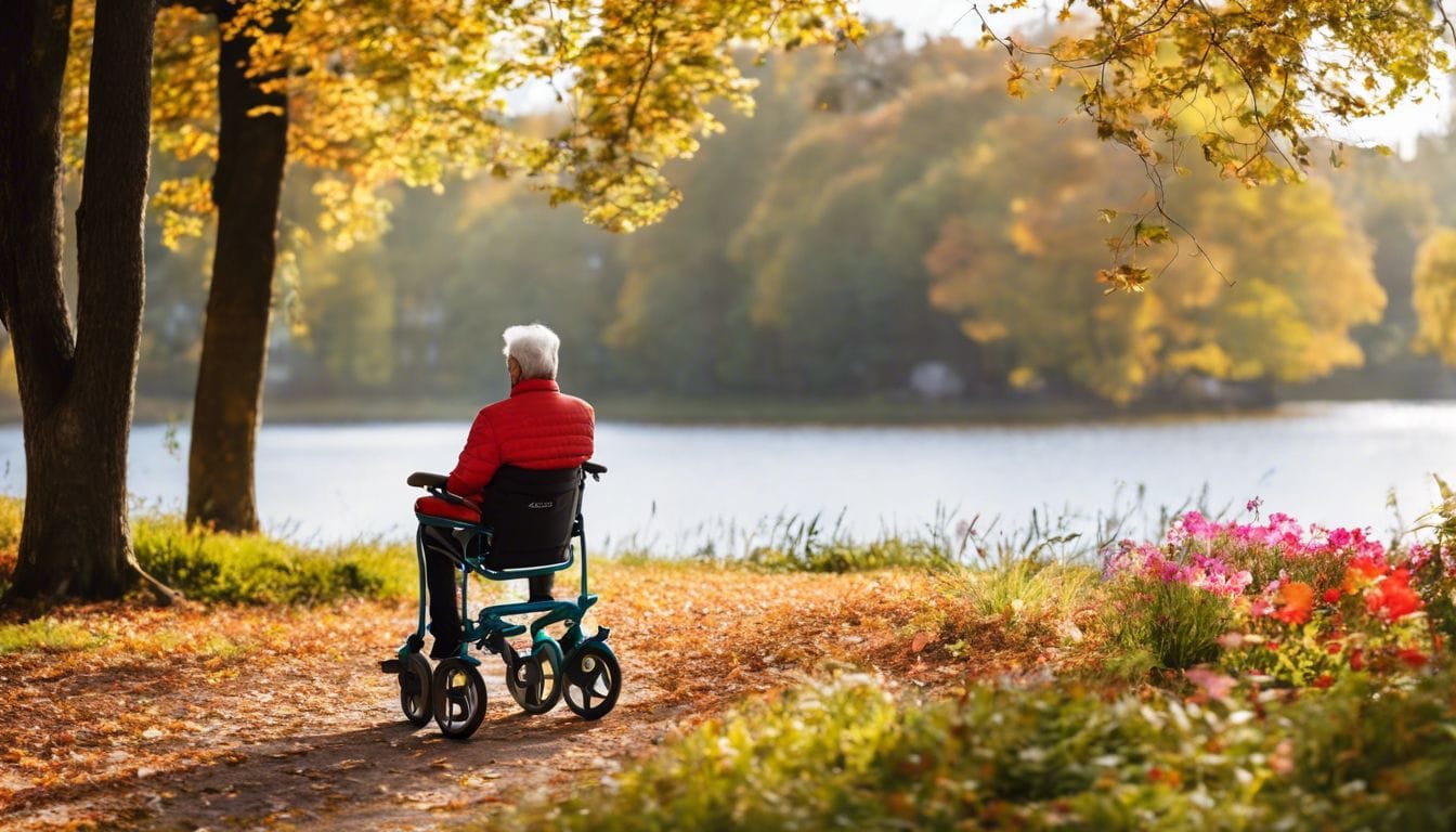 Een persoon gebruikt vol vertrouwen de Tour Std AF-AS Parkinson Rollator in een park, omringd door bloemen en bomen, en straalt vreugde en onafhankelijkheid uit.