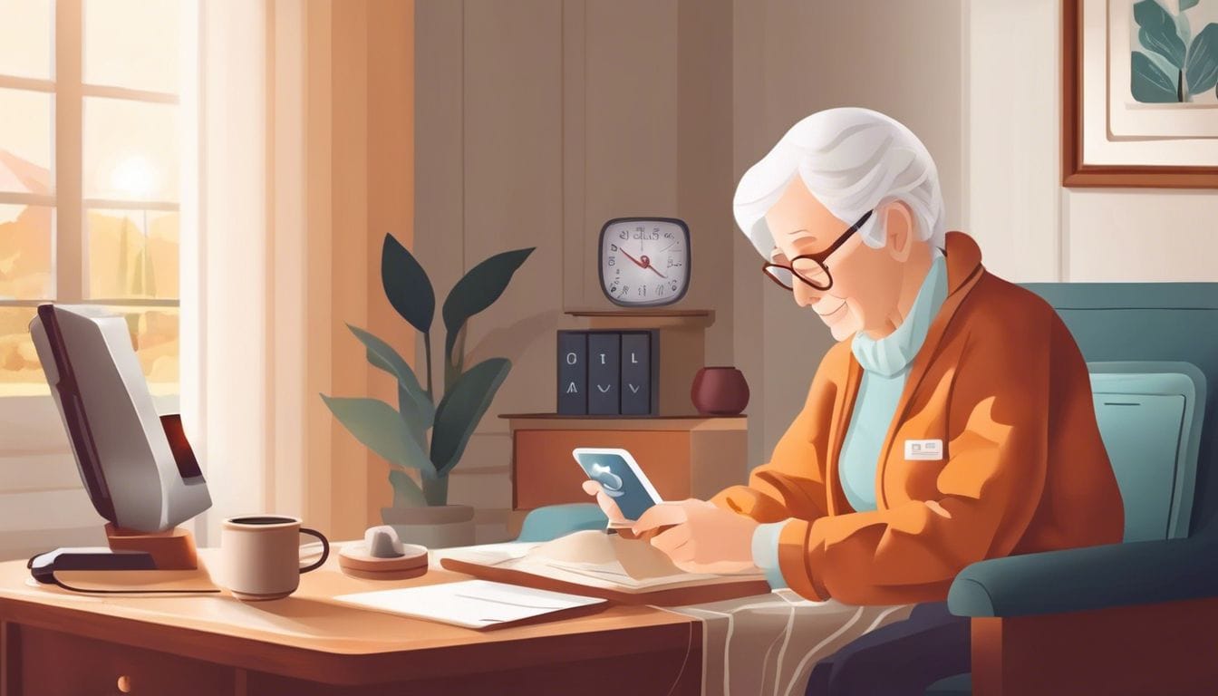 Een oudere persoon drukt op een DECT-alarmknop in hun huis, omringd door veiligheidsuitrusting en medische benodigdheden.