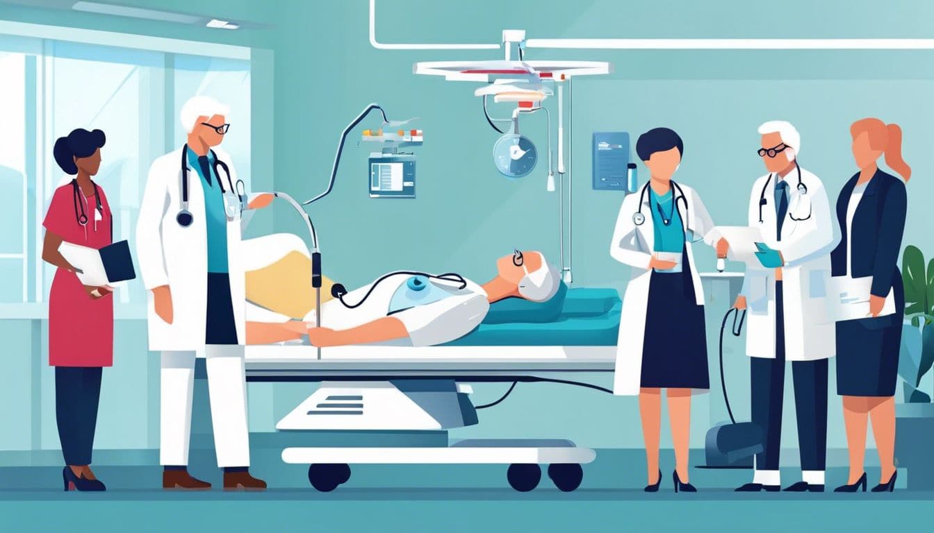 Een ouder persoon met een medische alarm ketting omringd door medische professionals in een ziekenhuiskamer, benadrukt het belang van zorg en empathie.