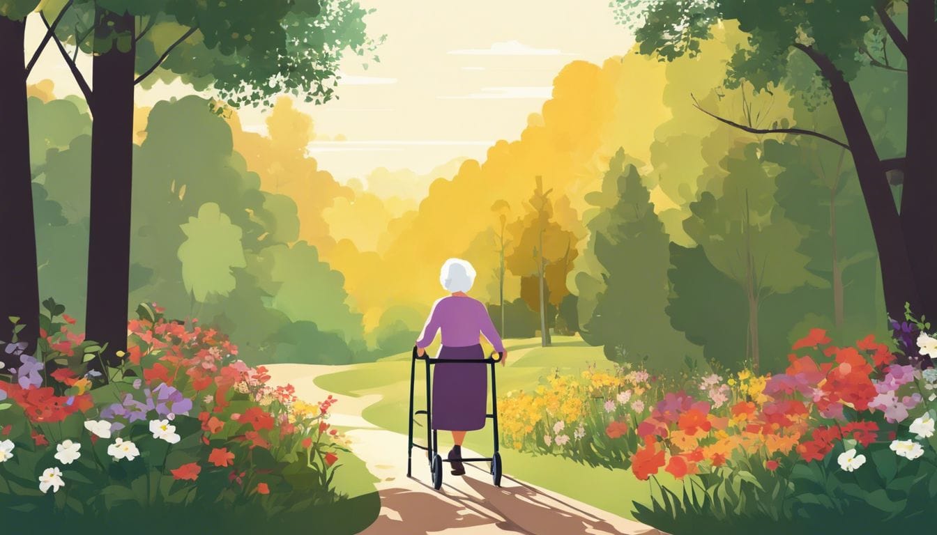 Een zelfverzekerde oudere vrouw gebruikt elegant een looprek op een rustig buitenpad, omringd door bloeiende wilde bloemen en hoge bomen.