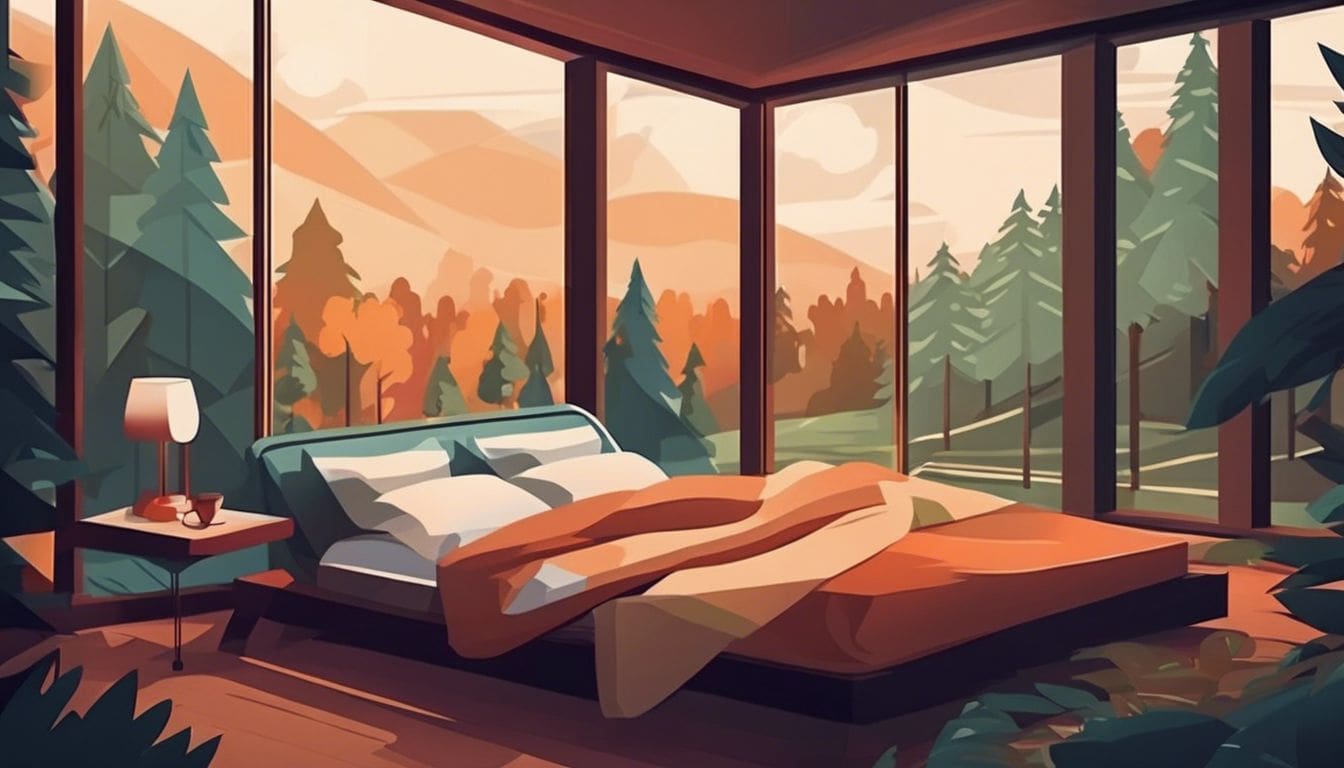 Een persoon die vredig slaapt in een luxe bed met een rustgevend uitzicht.