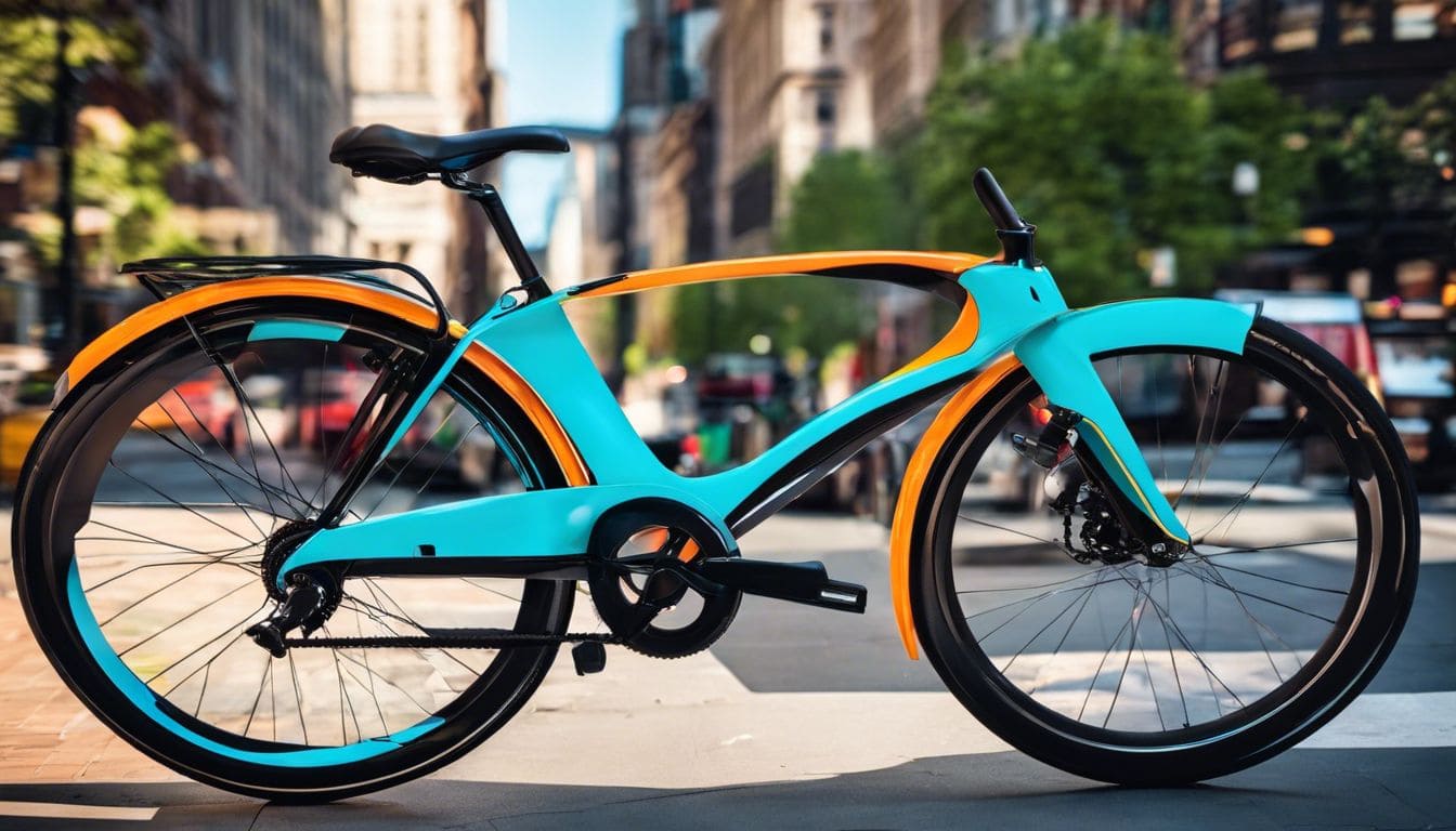 Een Vegro volwassen stadsfiets in een drukke straat met hoge gebouwen en verkeer.