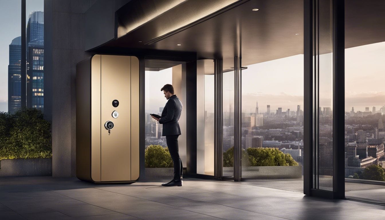Een persoon gebruikt de Yale Key Safe voor een modern, veilig gebouw.
