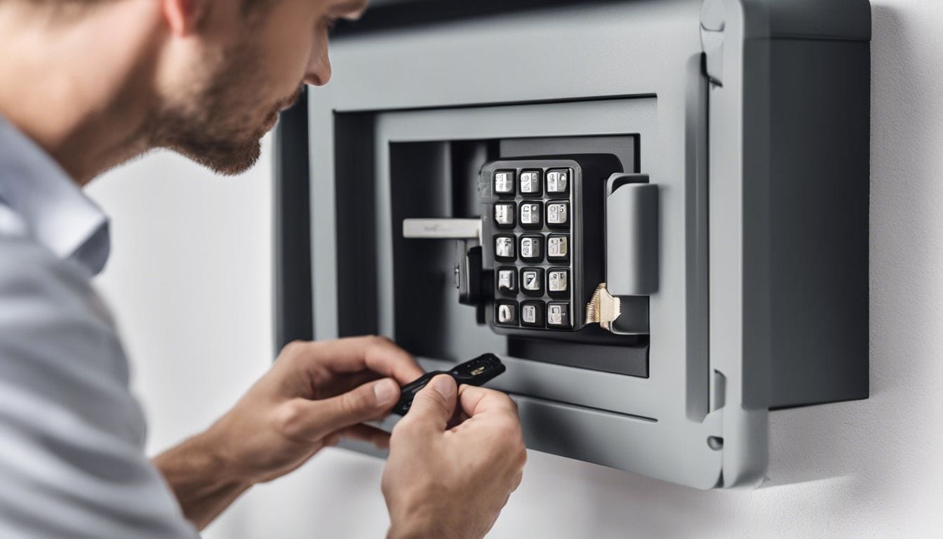 Een persoon installeert zelfverzekerd de Filex sleutelkluis op een stevige muur.