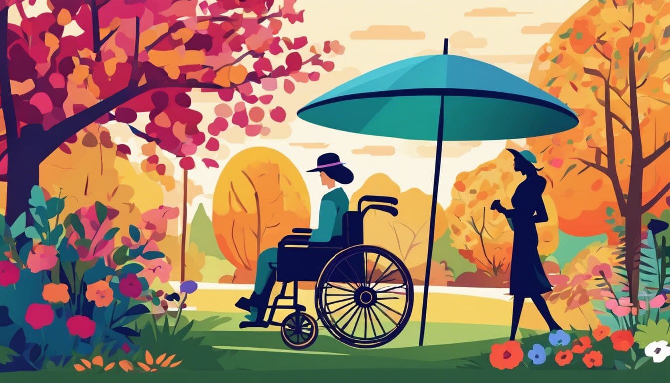 Een persoon in een rolstoel geniet van een wandeling in een tuin.