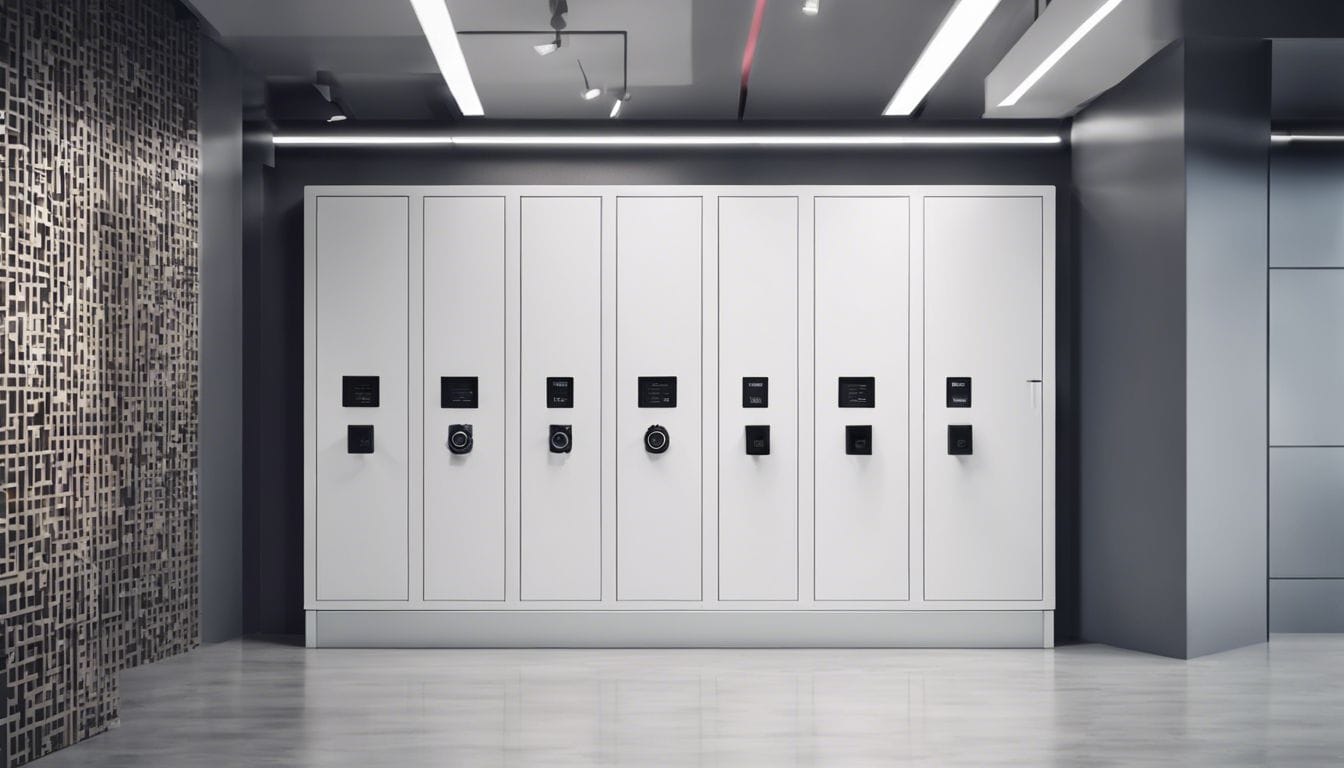 Een moderne kantoorwand met een sleutelkastje met cijferslot.