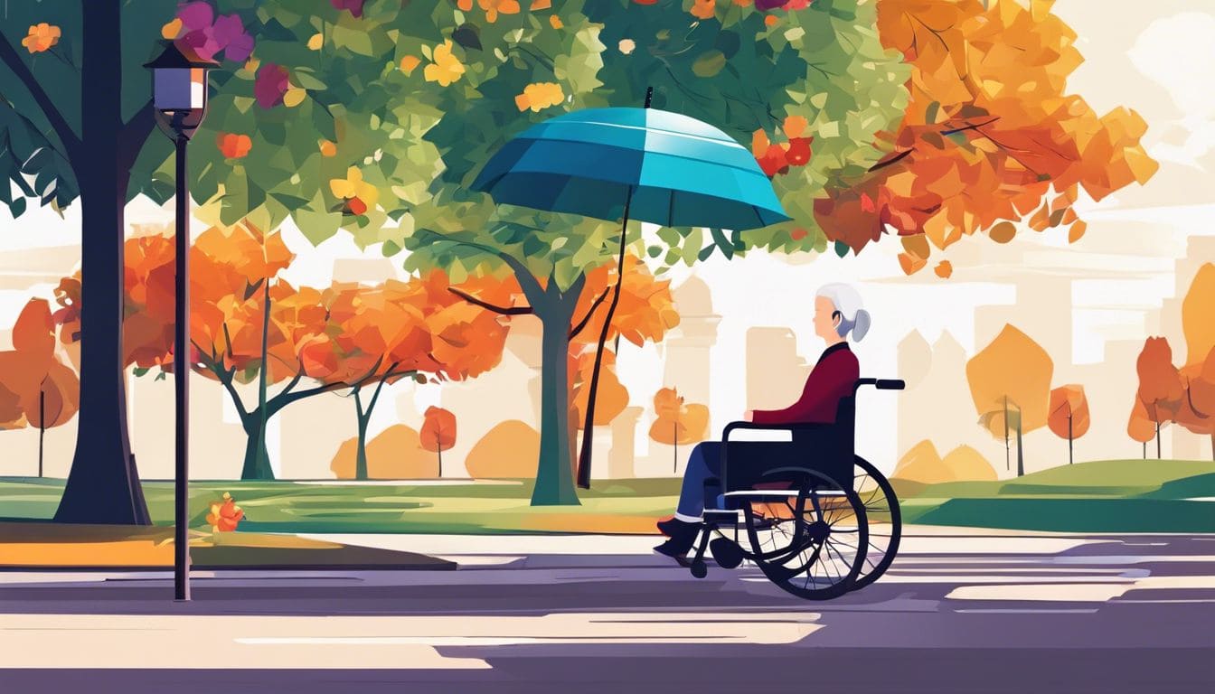 Een persoon in een rolstoel met een rolstoelparasol in een zonnig park.