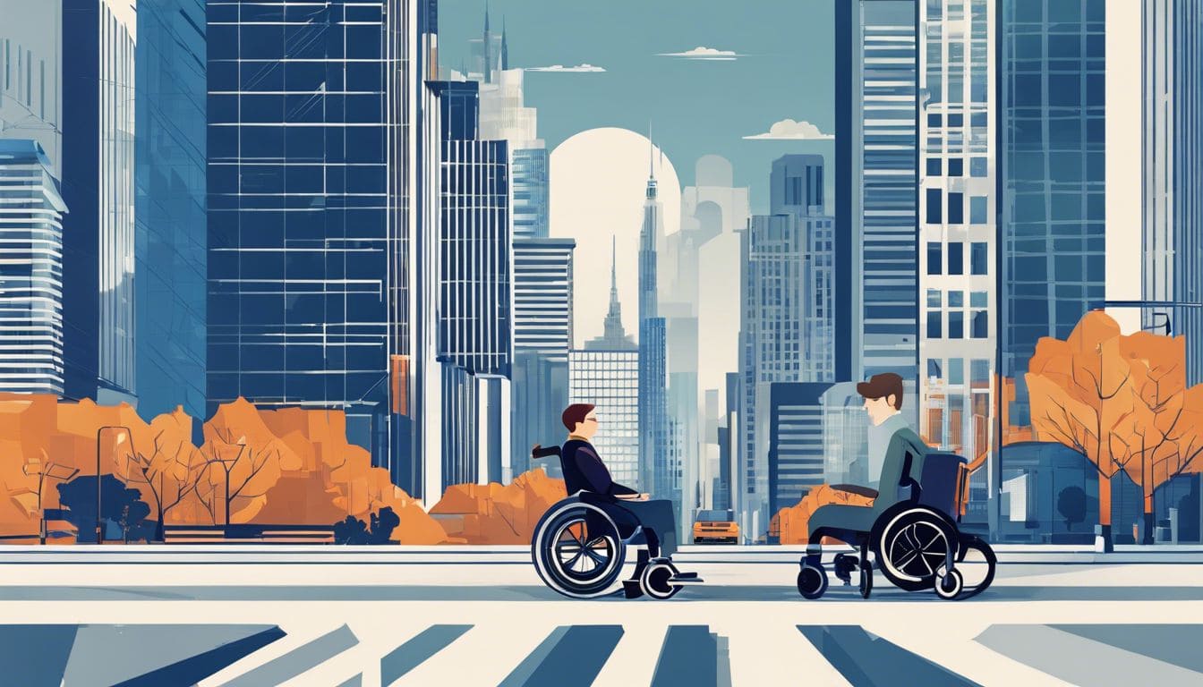 Een persoon in een drukke stad gebruikt de E-Move rolstoel voor mobiliteit.