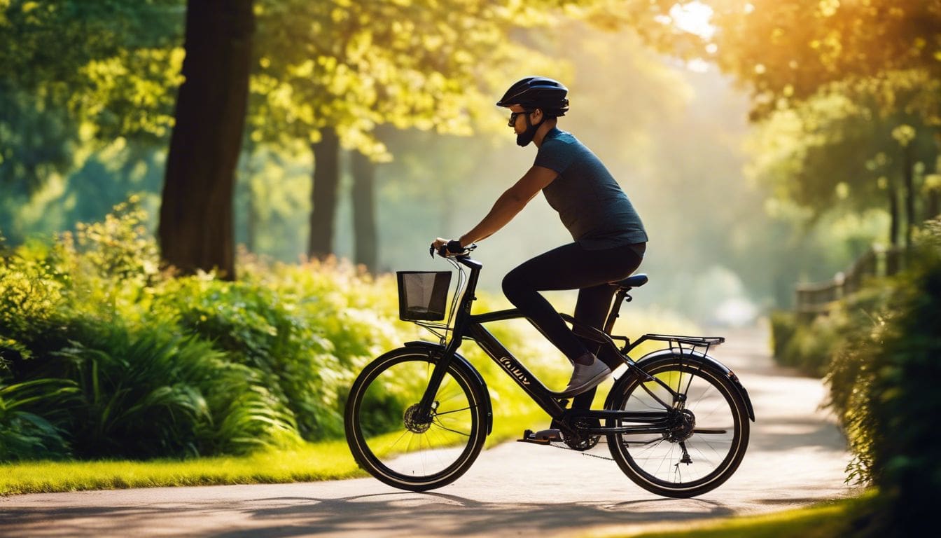 Een volwassene rijdt op een Vegro loopfiets in een schilderachtig park.
