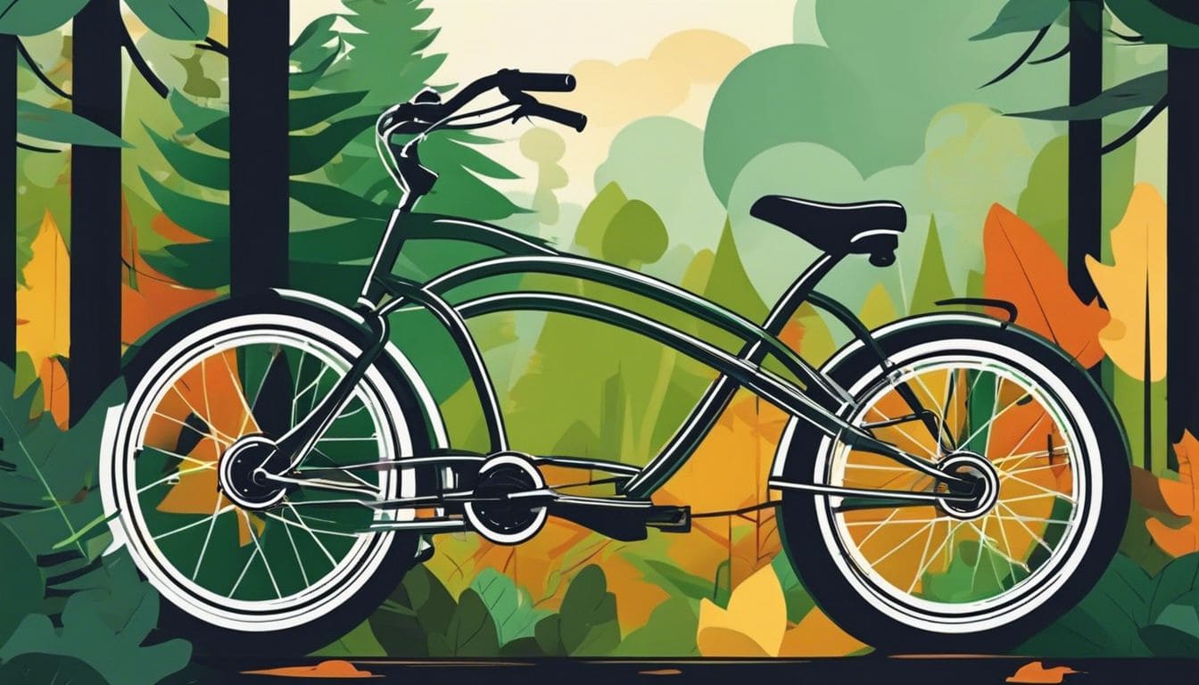 Een elektrische volwassen fiets in beweging in een bosrijke omgeving.