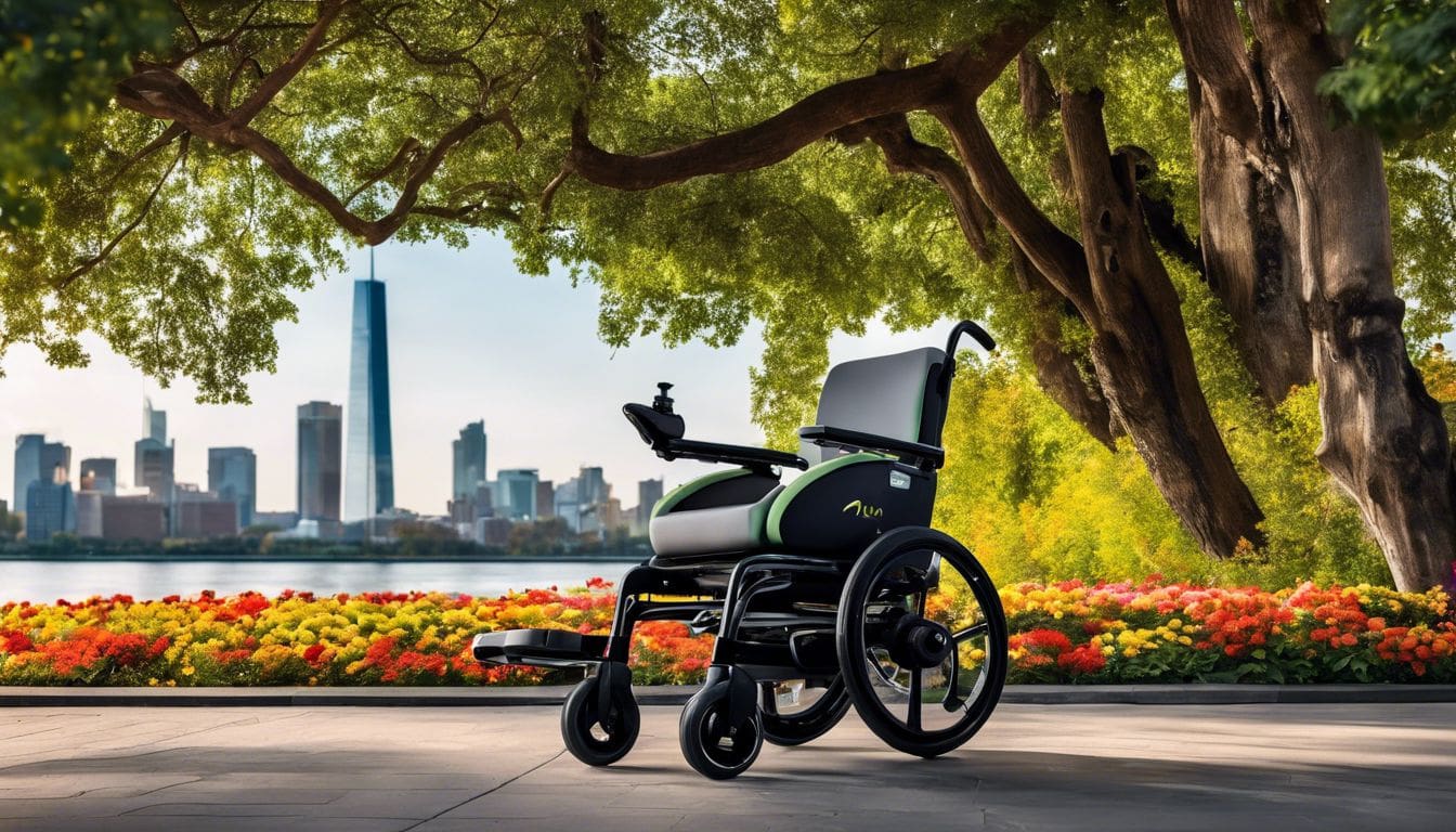 Een stijlvolle, moderne E-Move rolstoel in een stedelijk park, met een strak ontwerp en geavanceerde technologie.