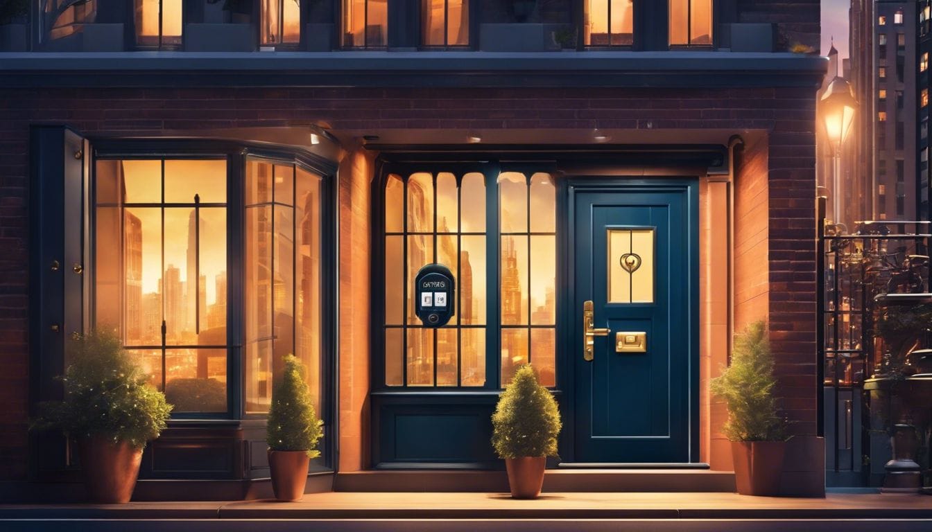 Een veilige Yale-sleutelkluis geïnstalleerd bij de voordeur van een huis met sleutels en toegangspassen binnenin, met een stadsgezicht op de achtergrond.