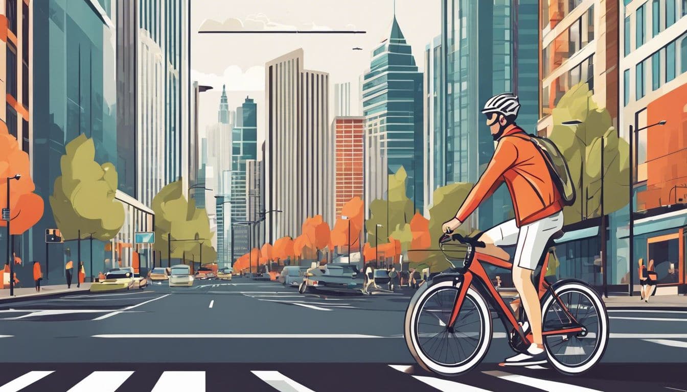 Een volwassen cruiserfiets in een bruisende stedelijke omgeving.