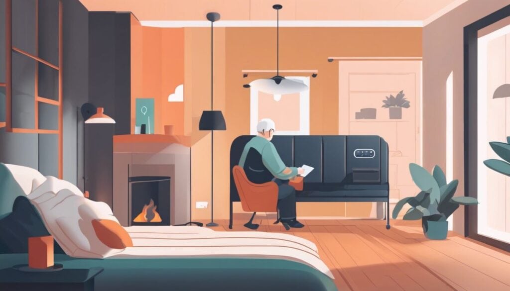 Een ouder persoon drukt comfortabel op een alarmknop in een warme en veilige thuisomgeving.