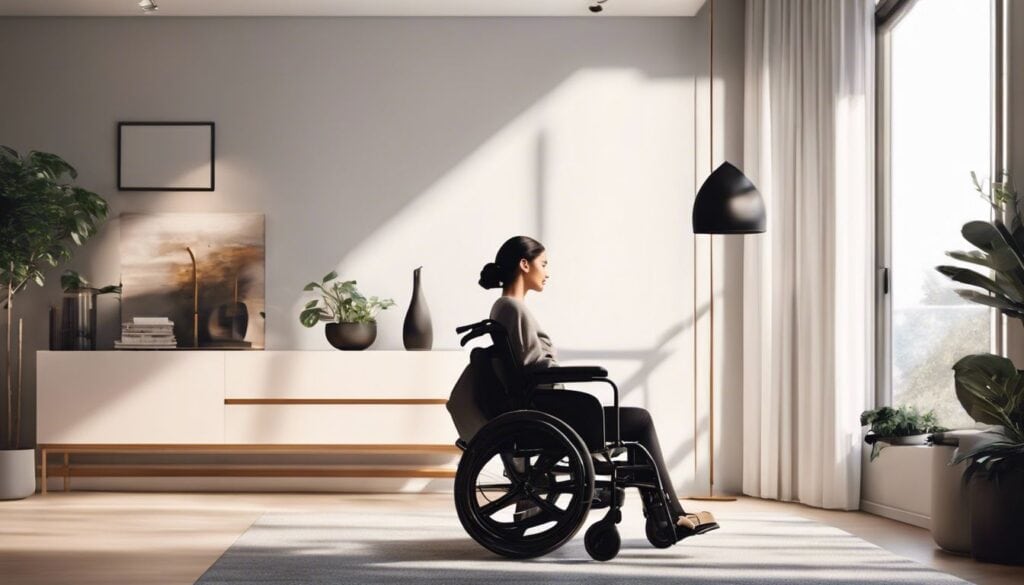 Een persoon in een rolstoel past de armleuningen aan in een modern appartement.