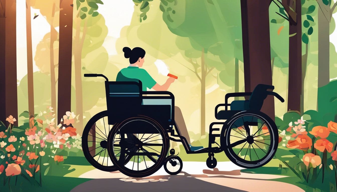 Persoon in een rolstoel gebruikt een luchtpomp in het park.