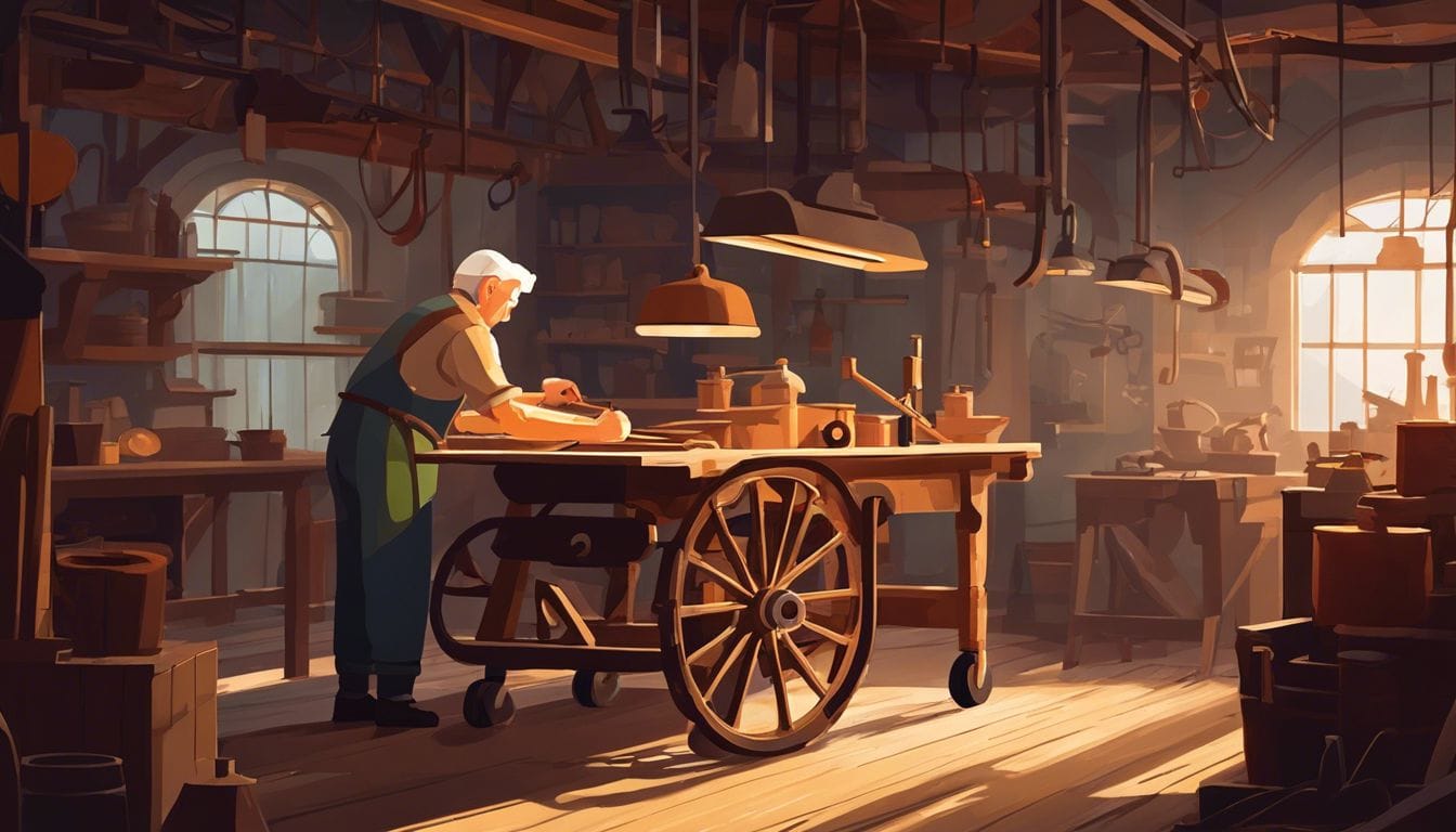 Een oudere persoon stelt de remmen van een rollator af in een goed verlichte werkplaats.