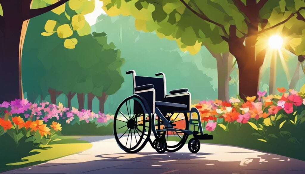 Een rolstoel in een vredig park omgeven door bloemen en groen.