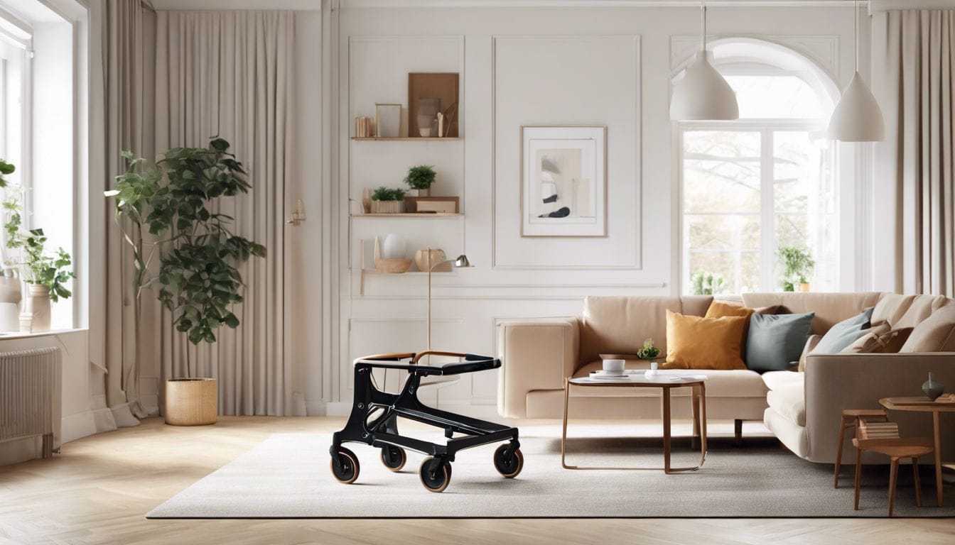 Een persoon test een Parkinson-wandelaar in een ruime en lichte woonkamer met modern meubilair en minimalistische decoratie.