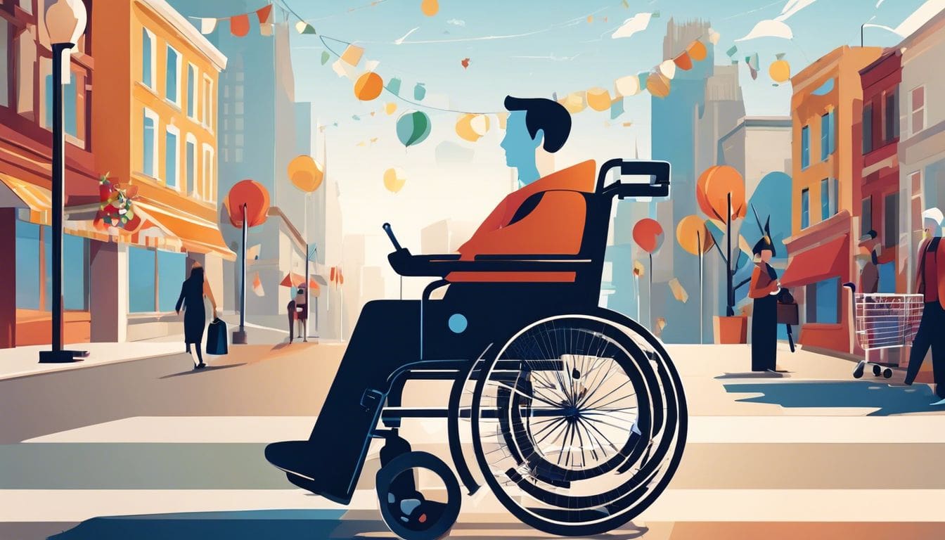 Een rolstoelgebruiker met boodschappen in een levendige stadsomgeving.