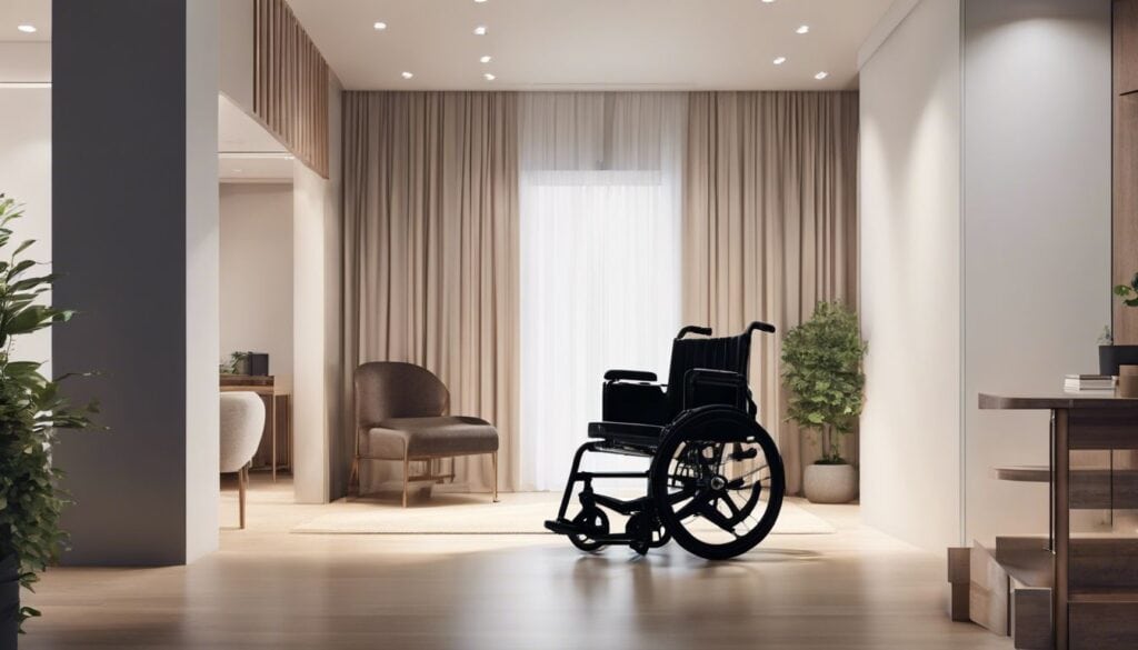 Een brede toegang voor rolstoelen met moderne inrichting voor mensen met beperkingen.