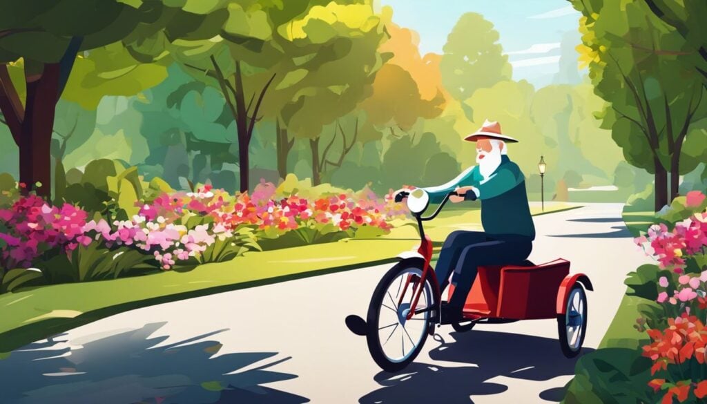 Een oudere volwassene rijdt rustig op een driewielige volwassen driewieler door een sereen park.