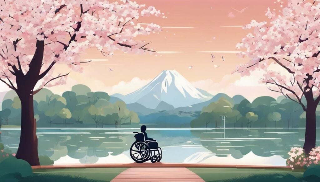 Een vredig park met een lege rolstoel onder een bloeiende kersenbloesemboom.