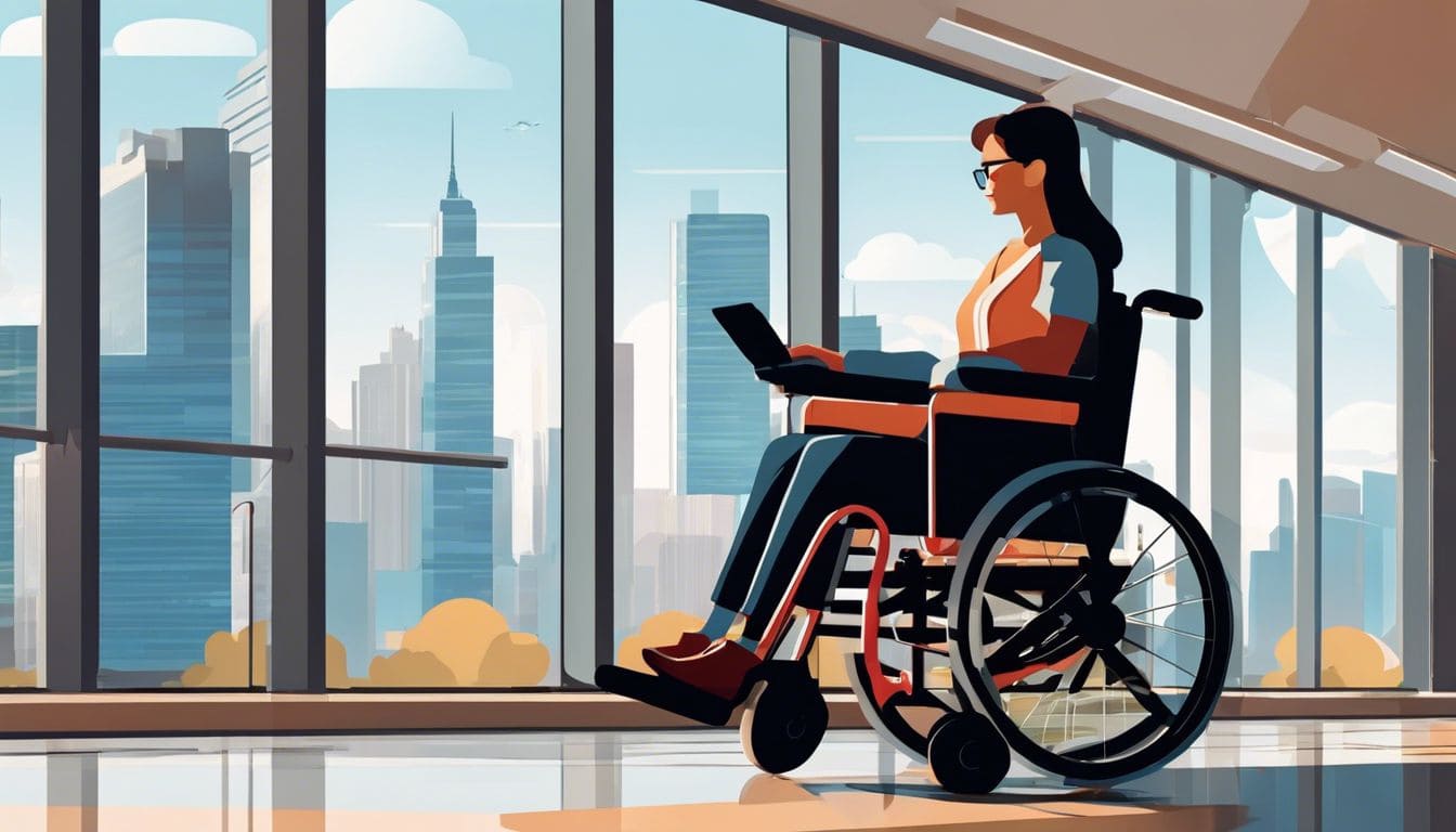 Een lege gemotoriseerde rolstoel in een ruime en goed verlichte ziekenhuislobby, omringd door moderne architectuur, met uitzicht op de bruisende stad skyline door de ramen, en een gevoel van hoop en veerkracht overbrengend in het gezicht van tegenspoed.