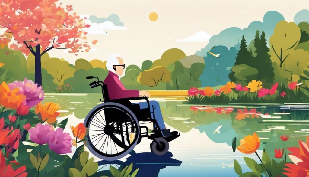 Een oudere persoon gebruikt een elektrische rolstoel in het park.