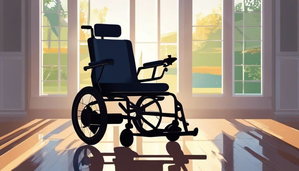 Een lege elektrische rolstoel in een licht ingerichte kamer met uitzicht op de tuin.