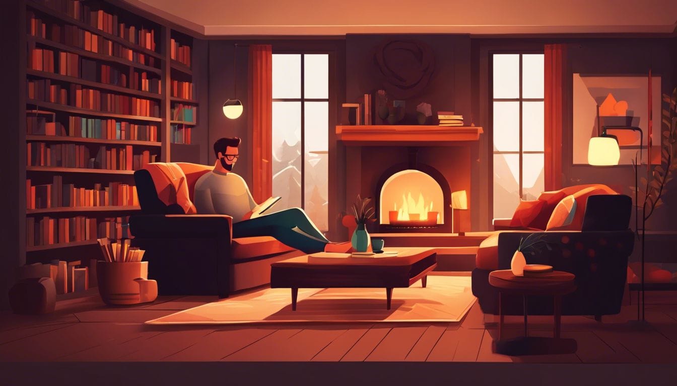 Een persoon zit comfortabel op een ergonomisch kussen in een gezellige woonkamer.