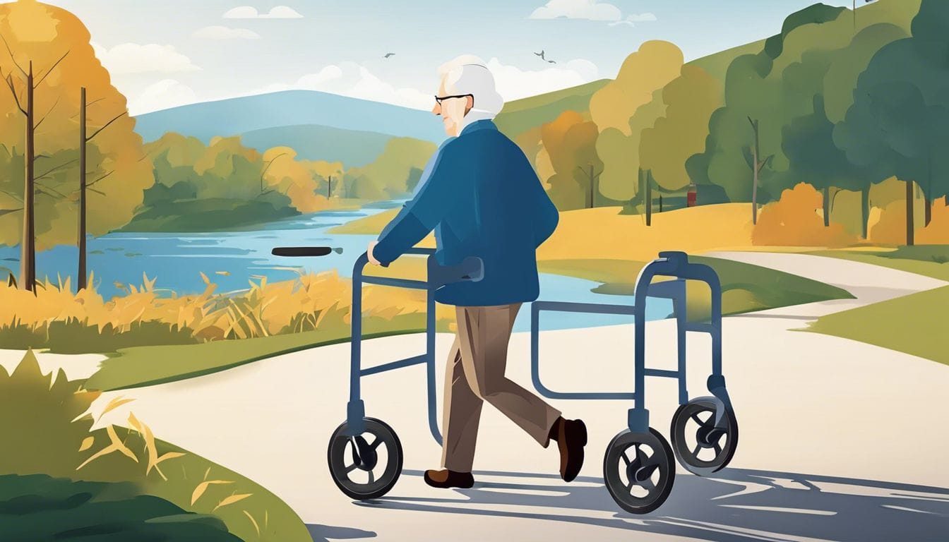 Een zelfverzekerde oudere persoon maakt gebruik van een goed afgestelde rollator op een glad pad.