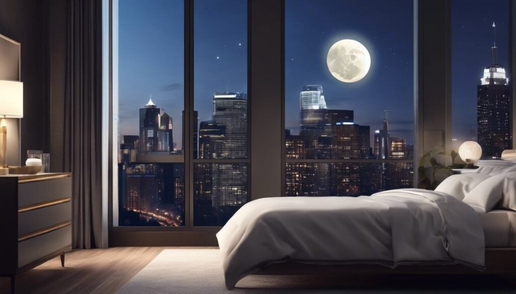 Een moderne alarm systeem met een veiligheidsknop op een strak nachtkastje in een gezellige slaapkamer met uitzicht op de maanverlichte stad.