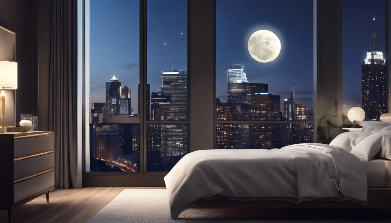 Een moderne alarm systeem met een veiligheidsknop op een strak nachtkastje in een gezellige slaapkamer met uitzicht op de maanverlichte stad.