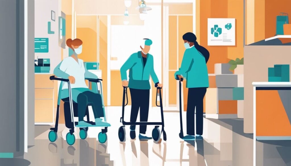 Een persoon met Parkinson gebruikt een rollator in een zorginstelling, omringd door medische professionals en een heldere, schone omgeving, wat hoop en veerkracht uitstraalt.