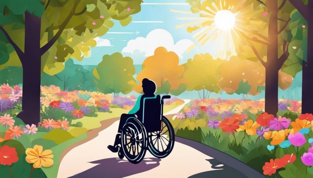 Een persoon met fibromyalgie gebruikt een rolstoel in een kleurrijk park.