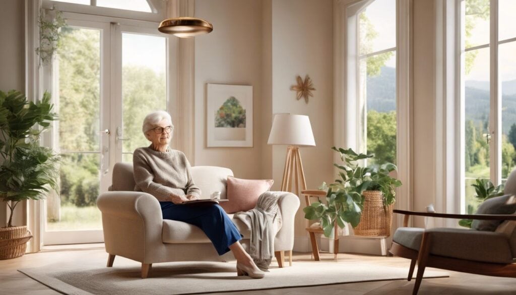 Een oudere persoon draagt de Florence Personal Alarm hanger terwijl hij rustig in een gezellige woonkamer zit.