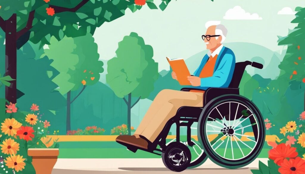 Een oudere persoon geniet van het parklandschap in een rolstoel.