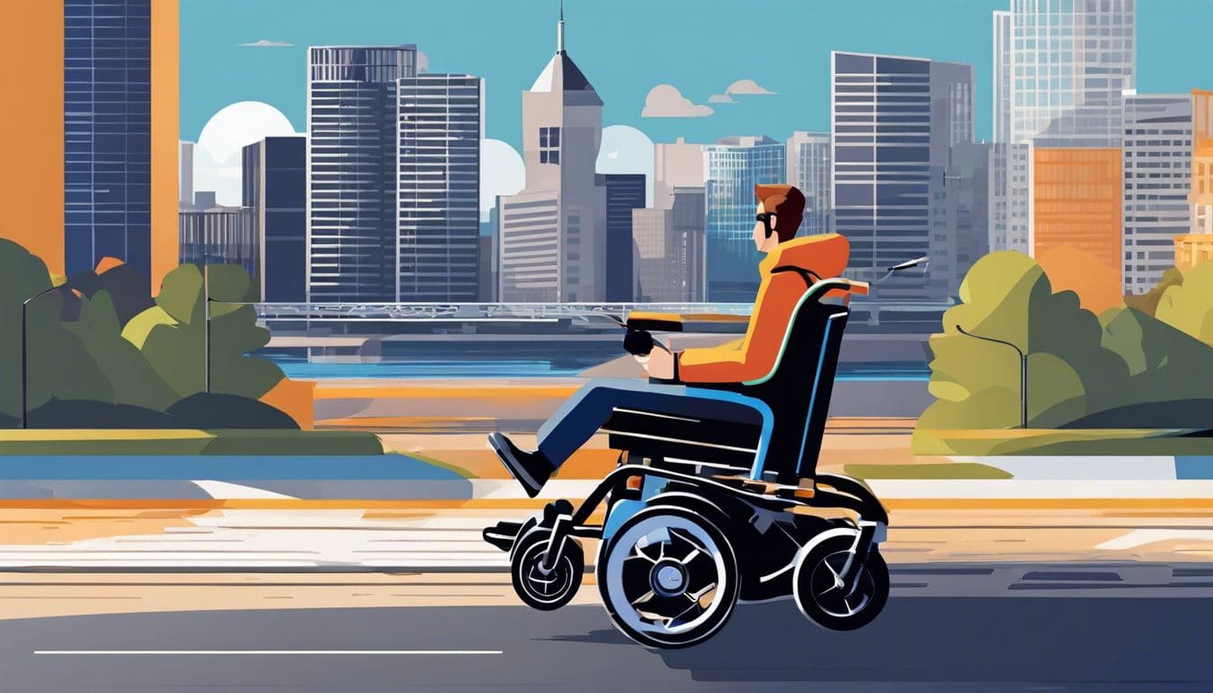 Persoon in elektrische rolstoel beweegt zich vrij door de stad.