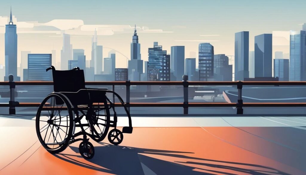 Een modern rolstoel met handgrepen tegen stedelijke achtergrond.