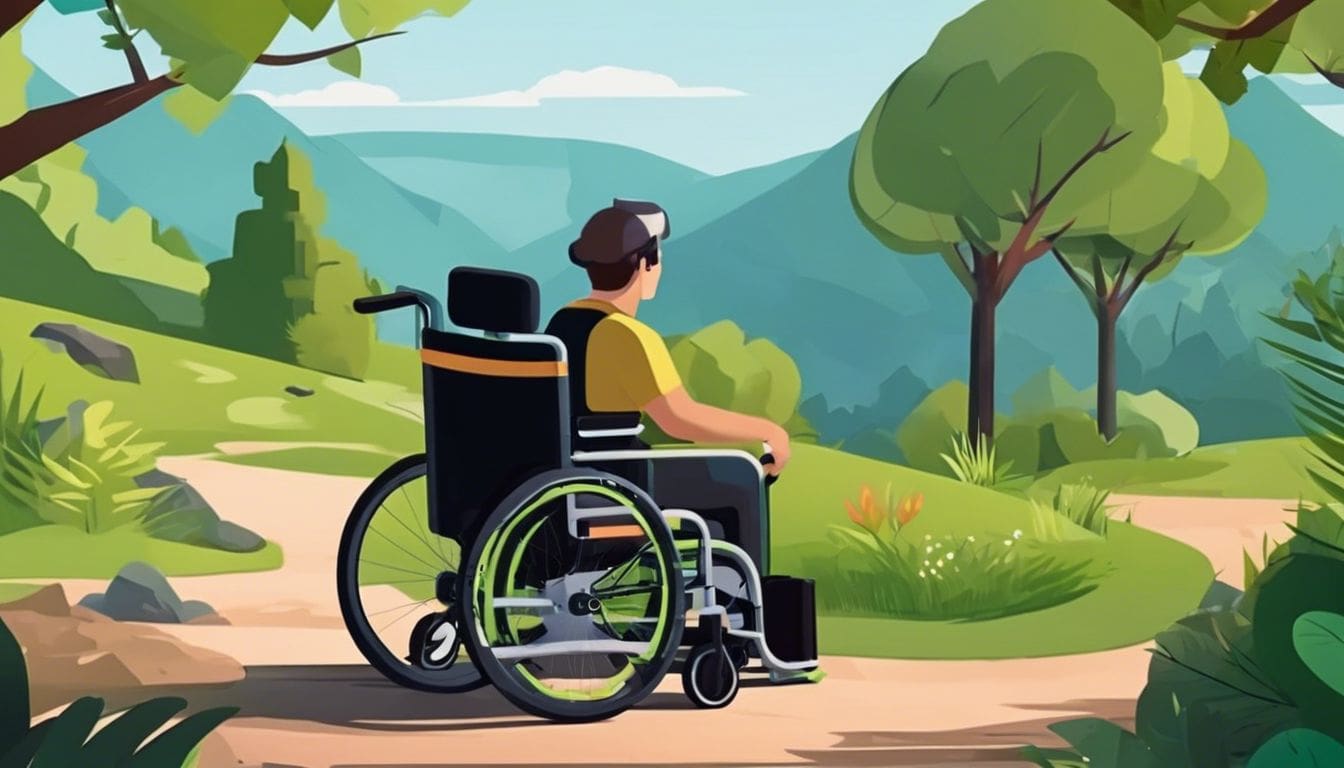 Een persoon navigeert een ruig terrein in een handmatige rolstoel met E-Move assistentie, omringd door weelderig groen, toont kracht en vastberadenheid, serene sfeer.