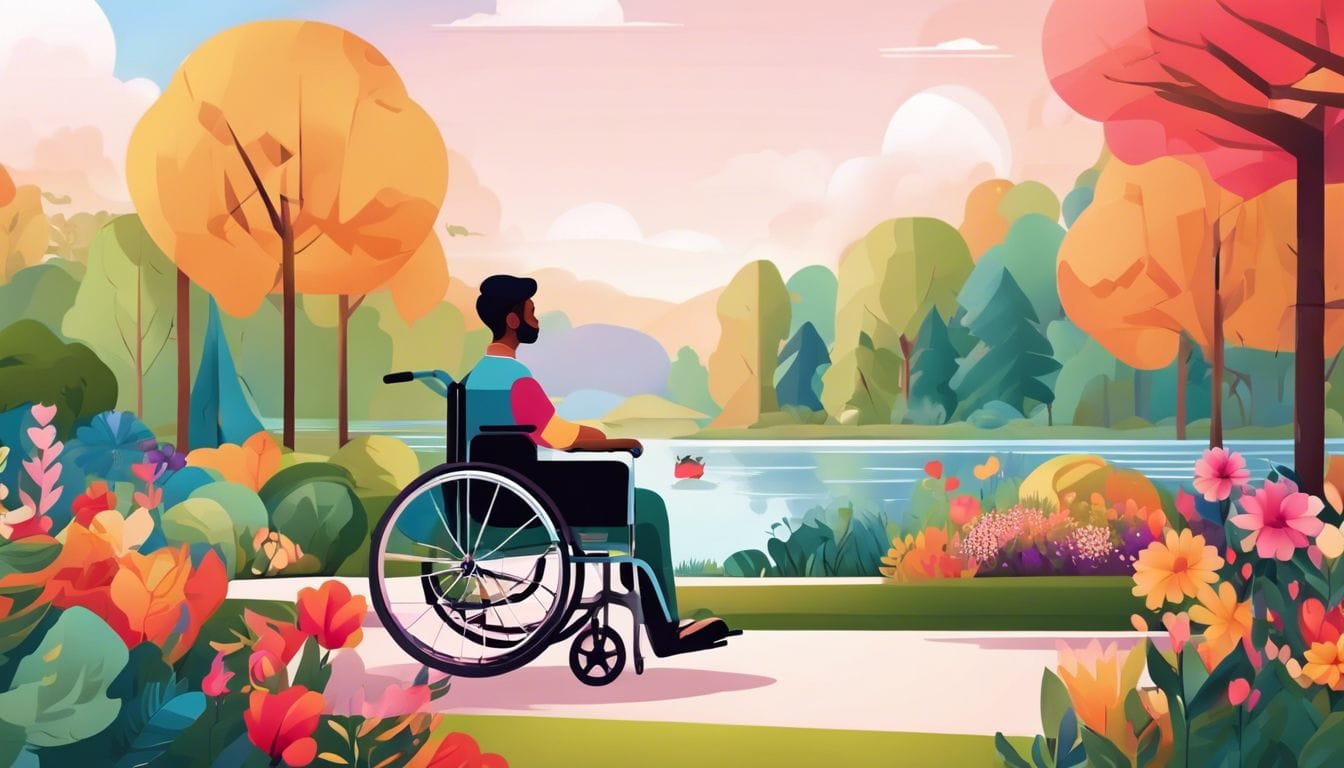 Een persoon in een rolstoel wordt omgeven door een prachtig parklandschap met bloemen en dieren.