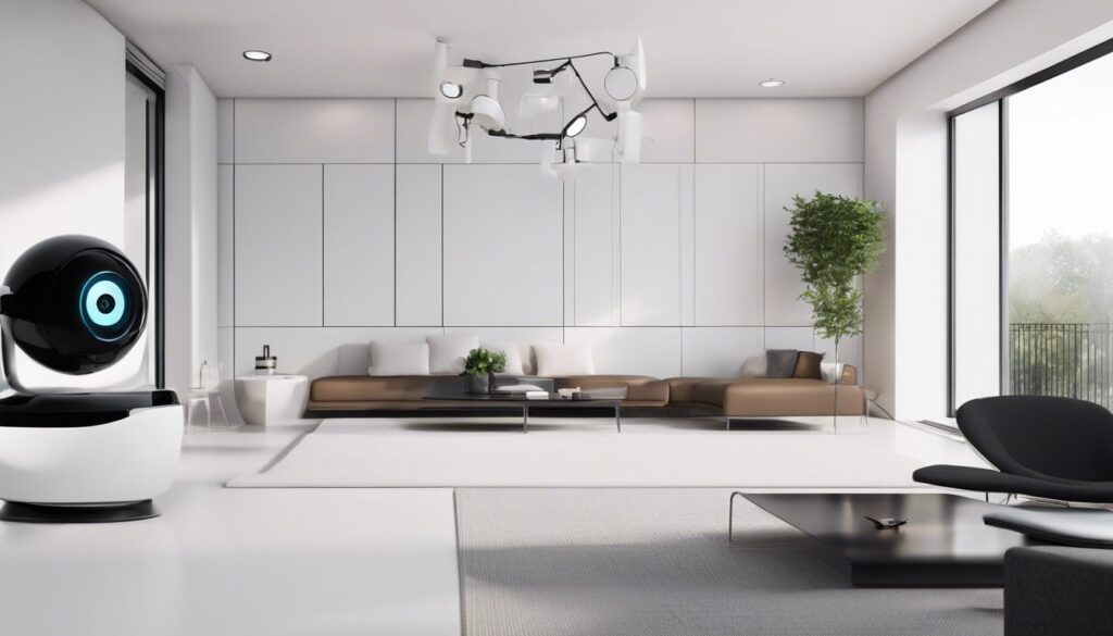 Een moderne woning met een persoonlijk beveiligingssysteem, omringd door veiligheidsapparatuur en beveiligingscamera's, gericht op het strakke en high-tech ontwerp van het systeem.