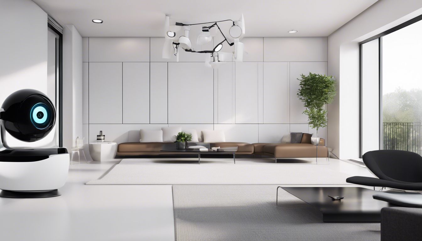 Een moderne woning met een persoonlijk beveiligingssysteem, omringd door veiligheidsapparatuur en beveiligingscamera's, gericht op het strakke en high-tech ontwerp van het systeem.