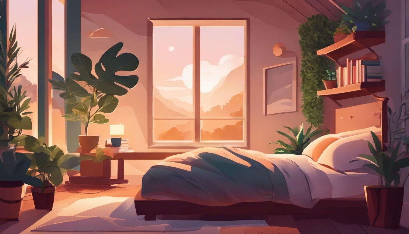 Een persoon die vredig slaapt in een gezellige slaapkamer met boeken en planten.